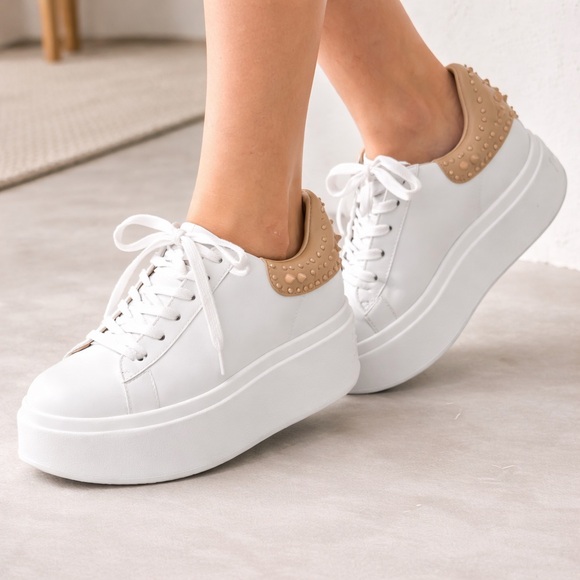 Ash Shoes - ASH Platform Sneakers White Leather NUDE Studded Heel Size 40 Luxury Chunky NIB